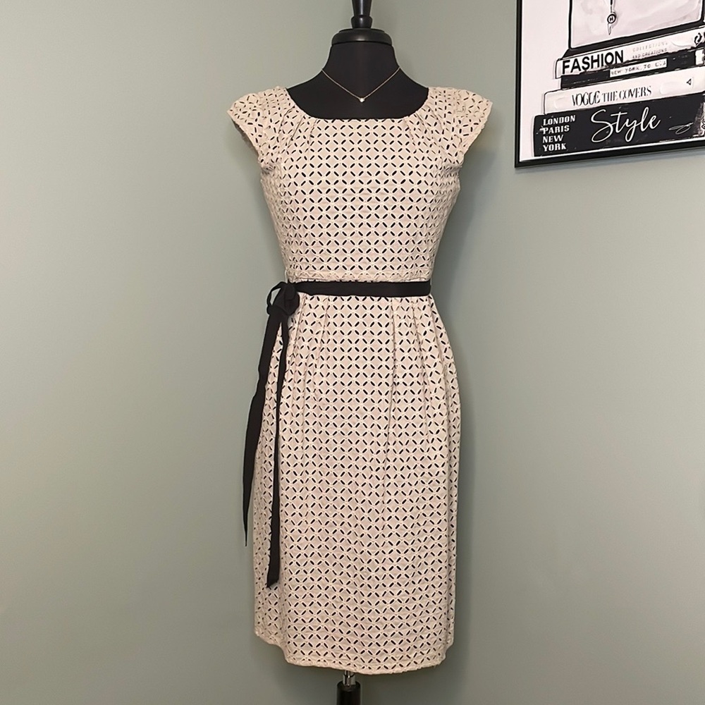 Calvin Klein Cream & Black w/ Eyelets & Black Tie Belt Women’s Dress Size 8